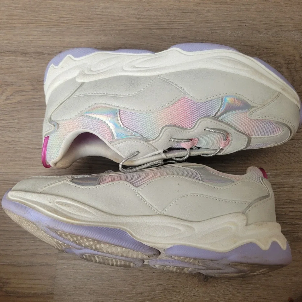 Justice Sport Sneakers Girls Size 4 White Pastel Ombre Holographic Chunky Shoe